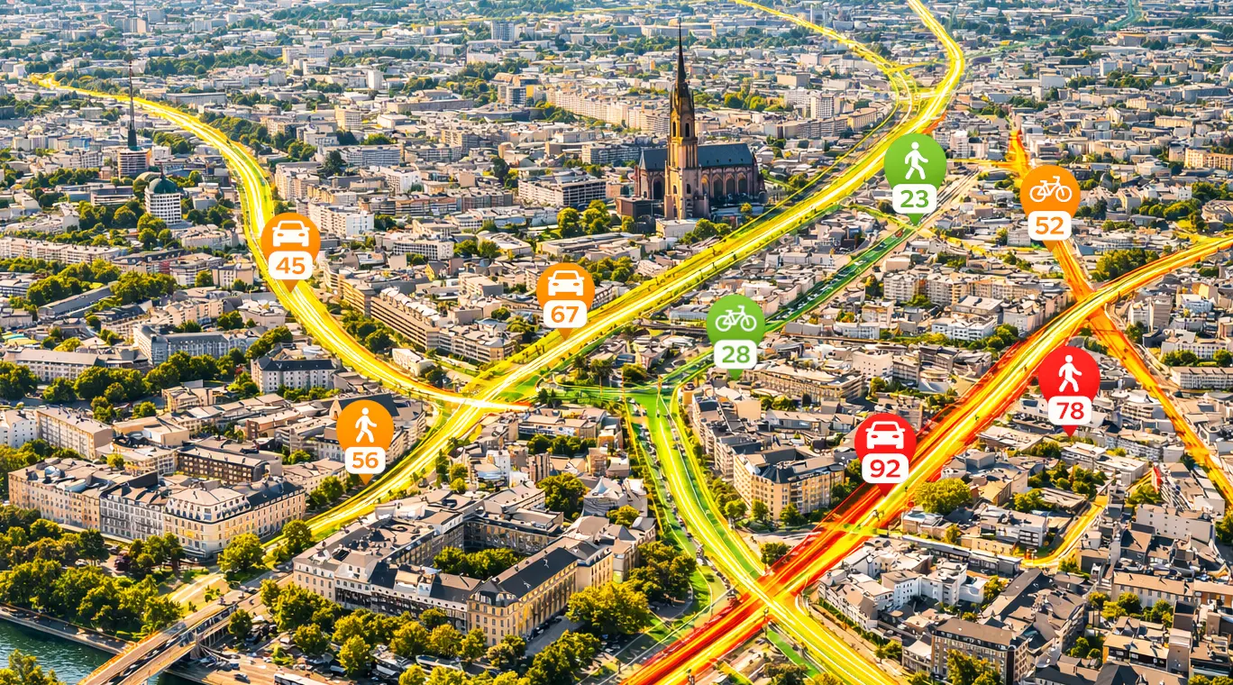 Vienna from the air, with glowing lines tracing traffic and data across the city