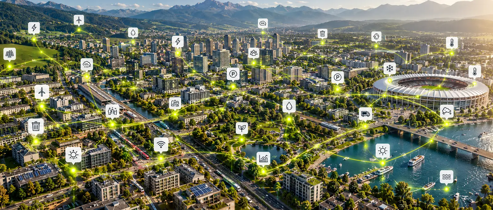 AI-generated aerial view of a city with a stadium and a river, sensor icons for energy, water, parking, waste, weather and occupancy linked by glowing lines
